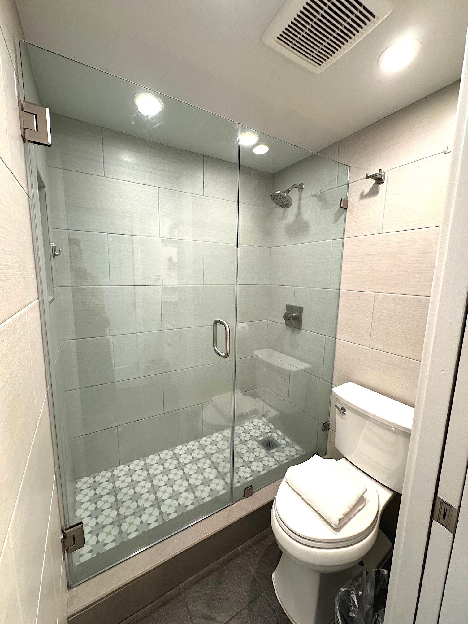 Shower, hair dryer, towels