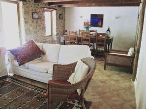 Télévision, cheminée, lecteur de DVD, livres