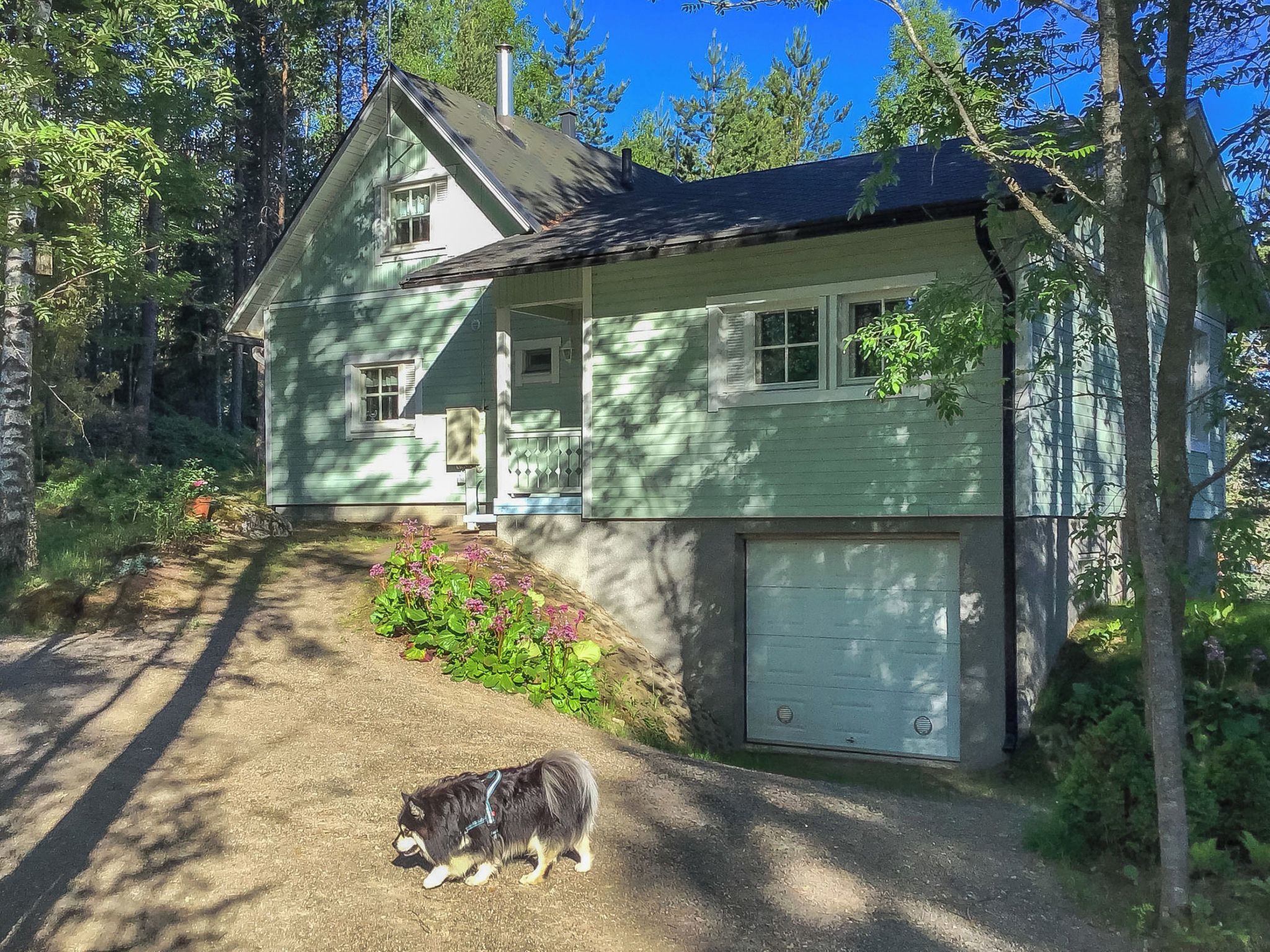 A two-story house with a garage, surrounded by trees and a dog in the driveway.