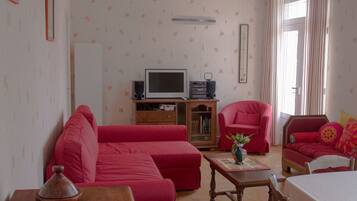 Flatscreentelevisie, een dvd-speler en een tafeltennistafel