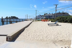 On the beach, sun-loungers, beach towels