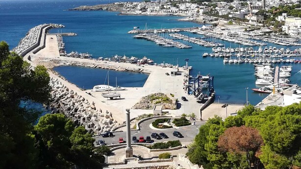 A marina with boats docked, a parking area, and a view of the surrounding town.