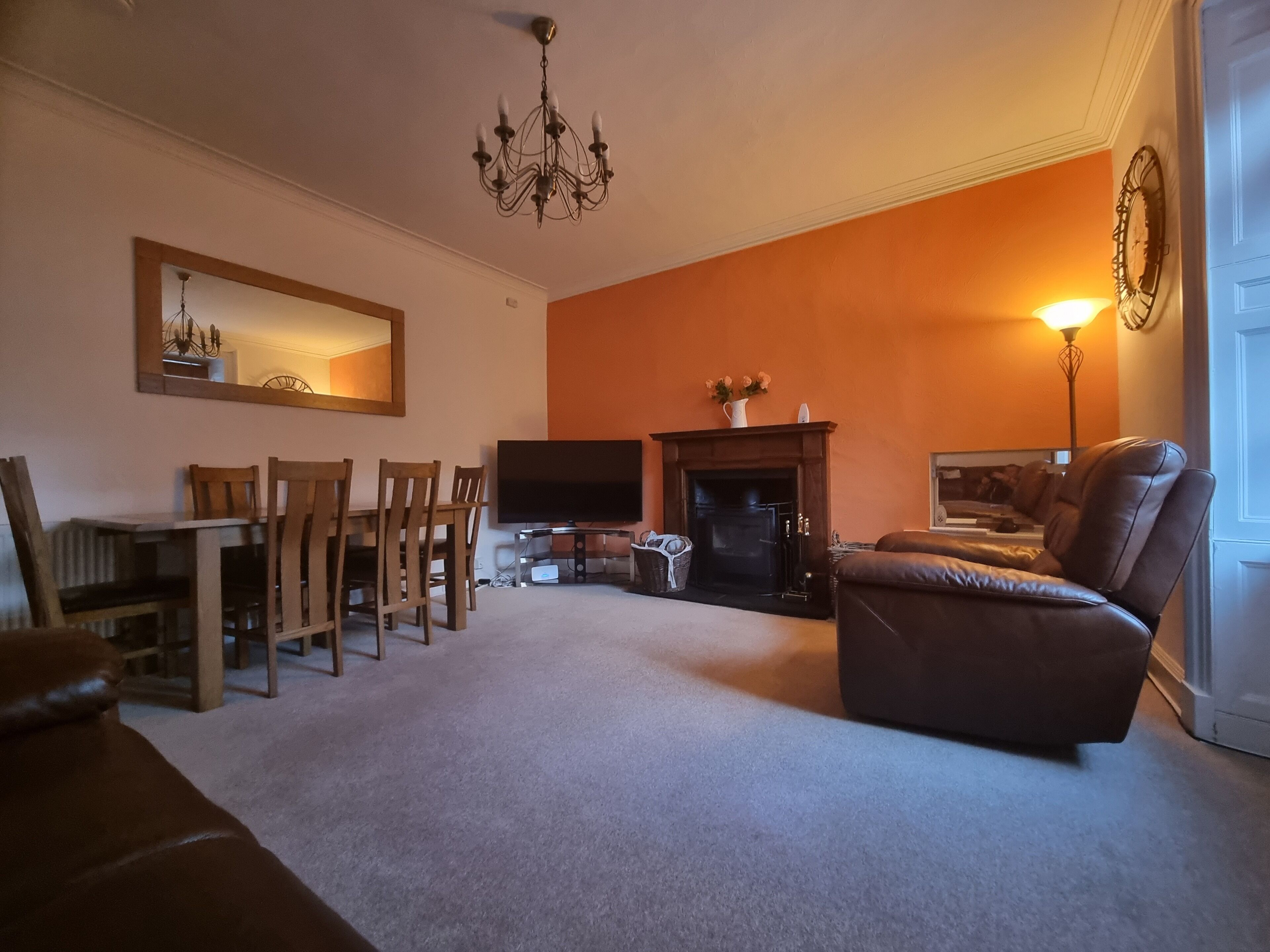 Smart TV, fireplace, books