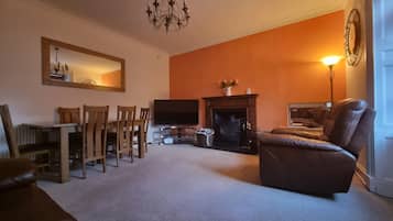 Smart TV, fireplace, books