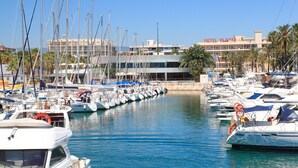 A marina with multiple boats docked, a hotel named "HOTEL PLANAS" in the background, and a clear blue sky.