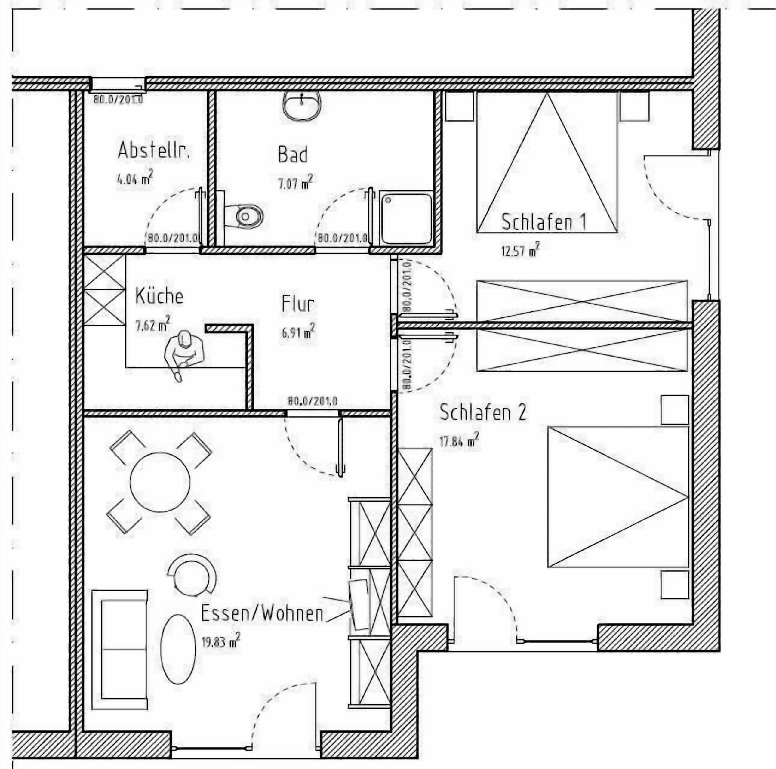 A floor plan of a hotel with a kitchen, bathroom, two bedrooms, a living room, and a dining area.