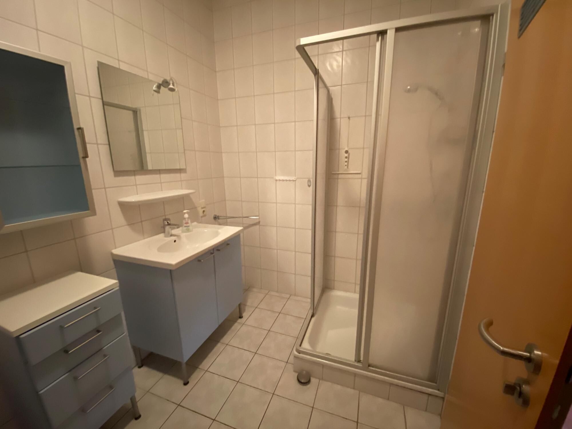 Un bagno con doccia, lavandino e specchio.