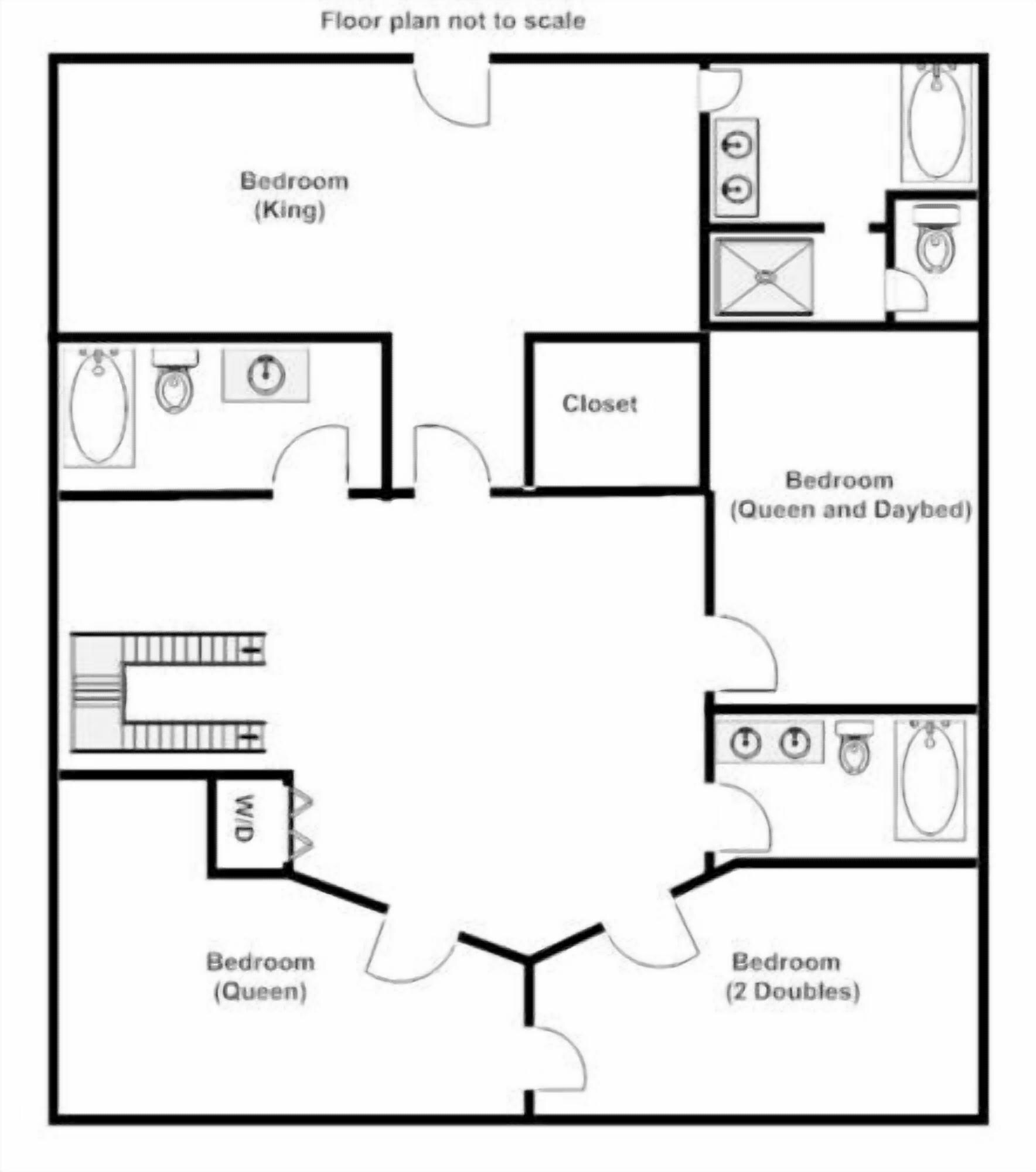 Grundriss mit vier Schlafzimmern, einem Schrank und einer Toilette.