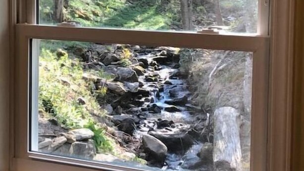 Una ventana con vistas a un arroyo pedregoso y vegetación circundante.
