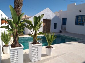 A swimming pool surrounded by white walls and potted plants.