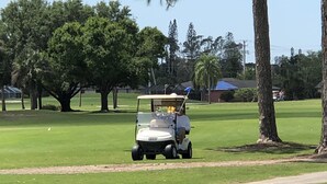 Golfiauton voi nähdä viheriöllä, taustalla puita ja kirkas taivas.