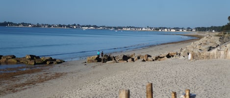 On the beach, sun-loungers