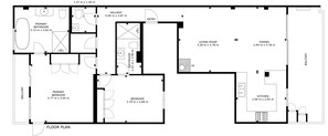 Un plan d’étage comprenant une salle de bain principale, une chambre principale, un salon, un coin repas, une cuisine et un balcon.
