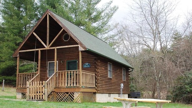 A rustic log cabin with a porch and picnic table. - Ravine- Firepit, Pet Friendly, Cozy Cabin, WIFI, Pond, Gas Fireplace, off Blue Ridge Parkway (Laurel Springs)