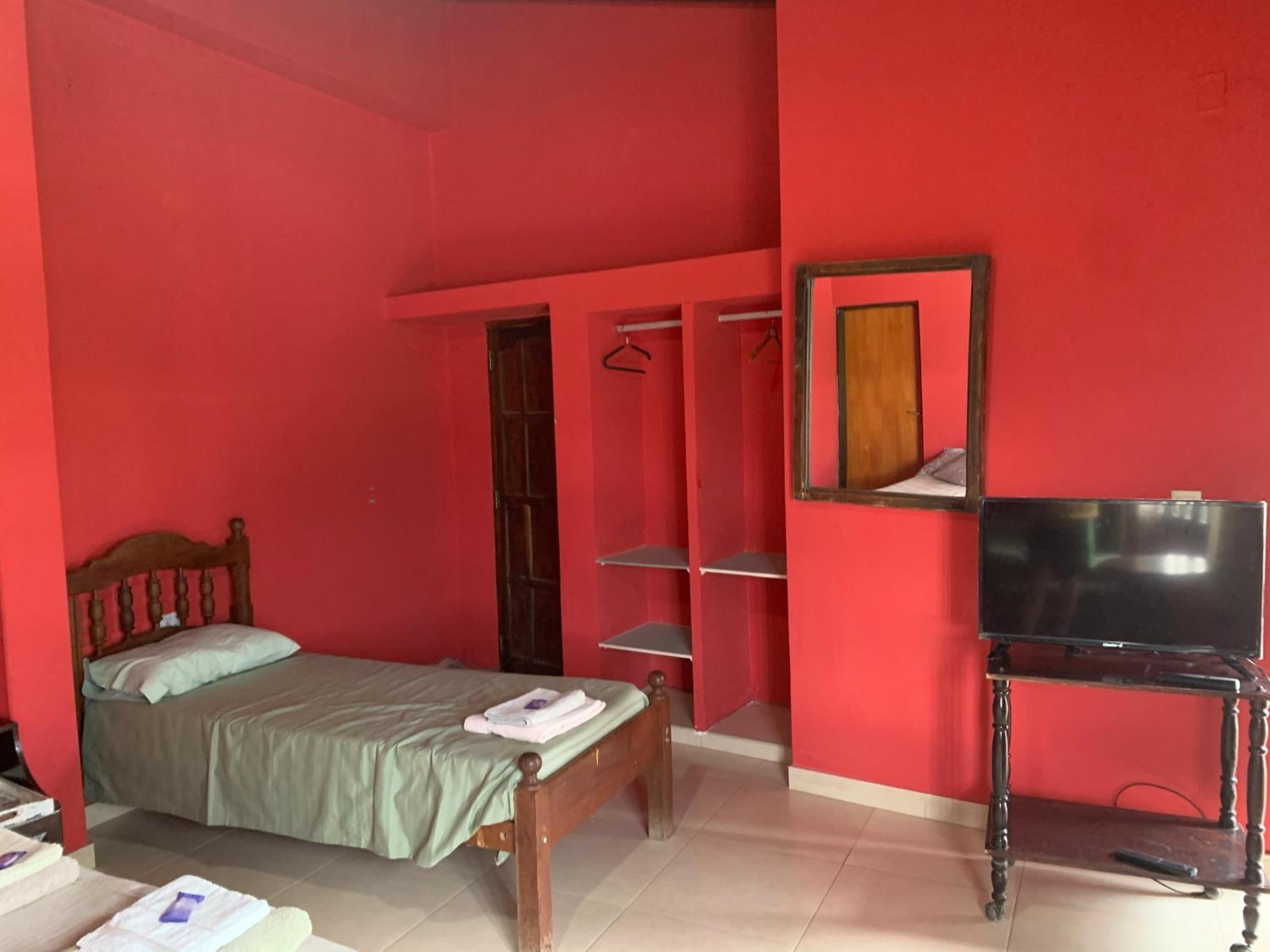 Une chambre à coucher avec un lit, une télévision et une armoire.