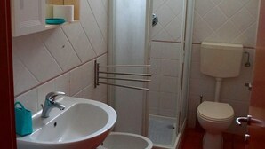 Une petite salle de bain comprenant un lavabo, des toilettes et une douche.
