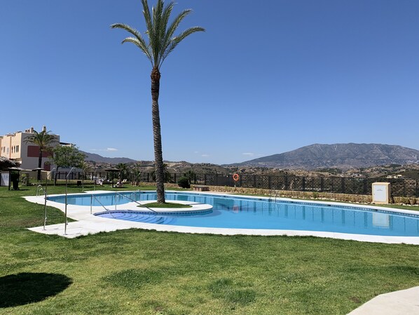 A swimming pool with a palm tree, a fenced area, and a mountain view in the background.