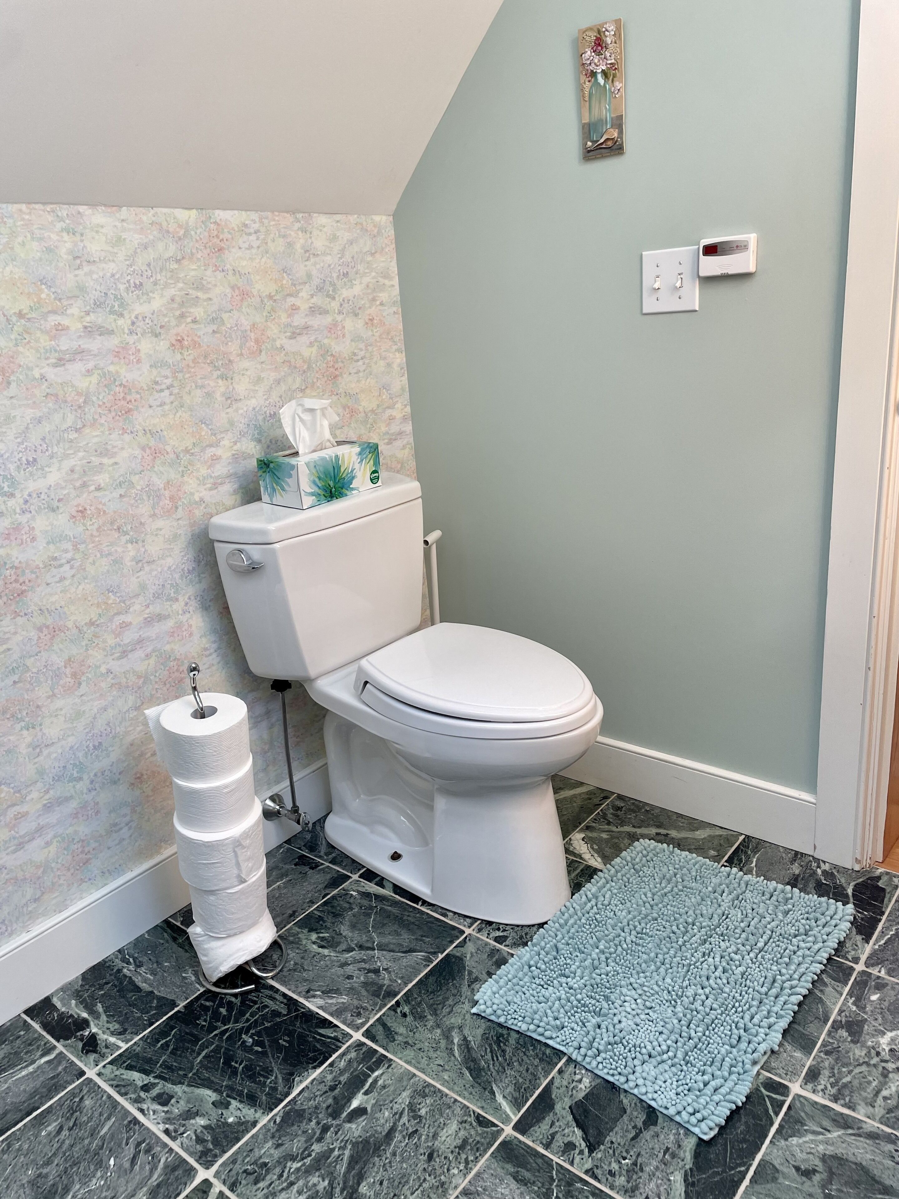 A bathroom with a toilet, a marble floor, a blue textured mat, and a floral-patterned wall.
