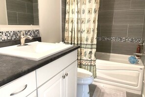 Combined shower/tub, hair dryer, towels, soap