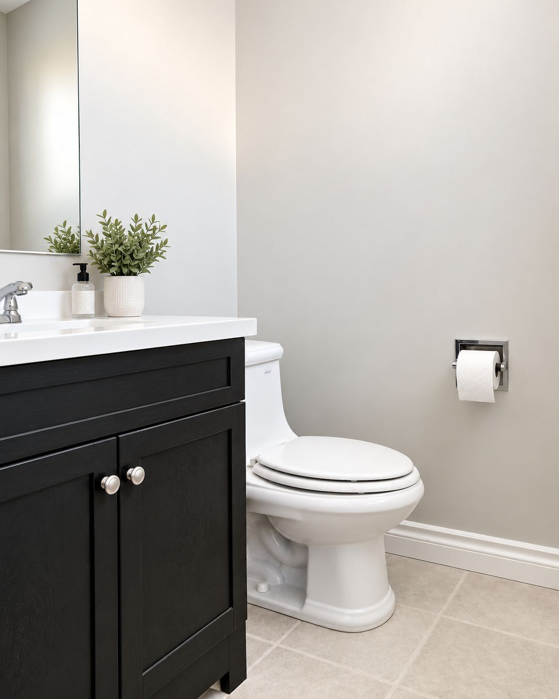 A bathroom with a white toilet, a black vanity with silver knobs, a white sink, a mirror, a potted plant, and a toilet paper holder on the wall.