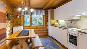 Fridge, microwave, dishwasher, cookware/dishes/utensils