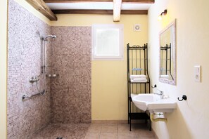 Douche, sèche-cheveux, serviettes fournies, papier toilette
