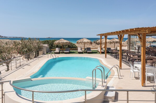 Outdoor pool, pool umbrellas, pool loungers