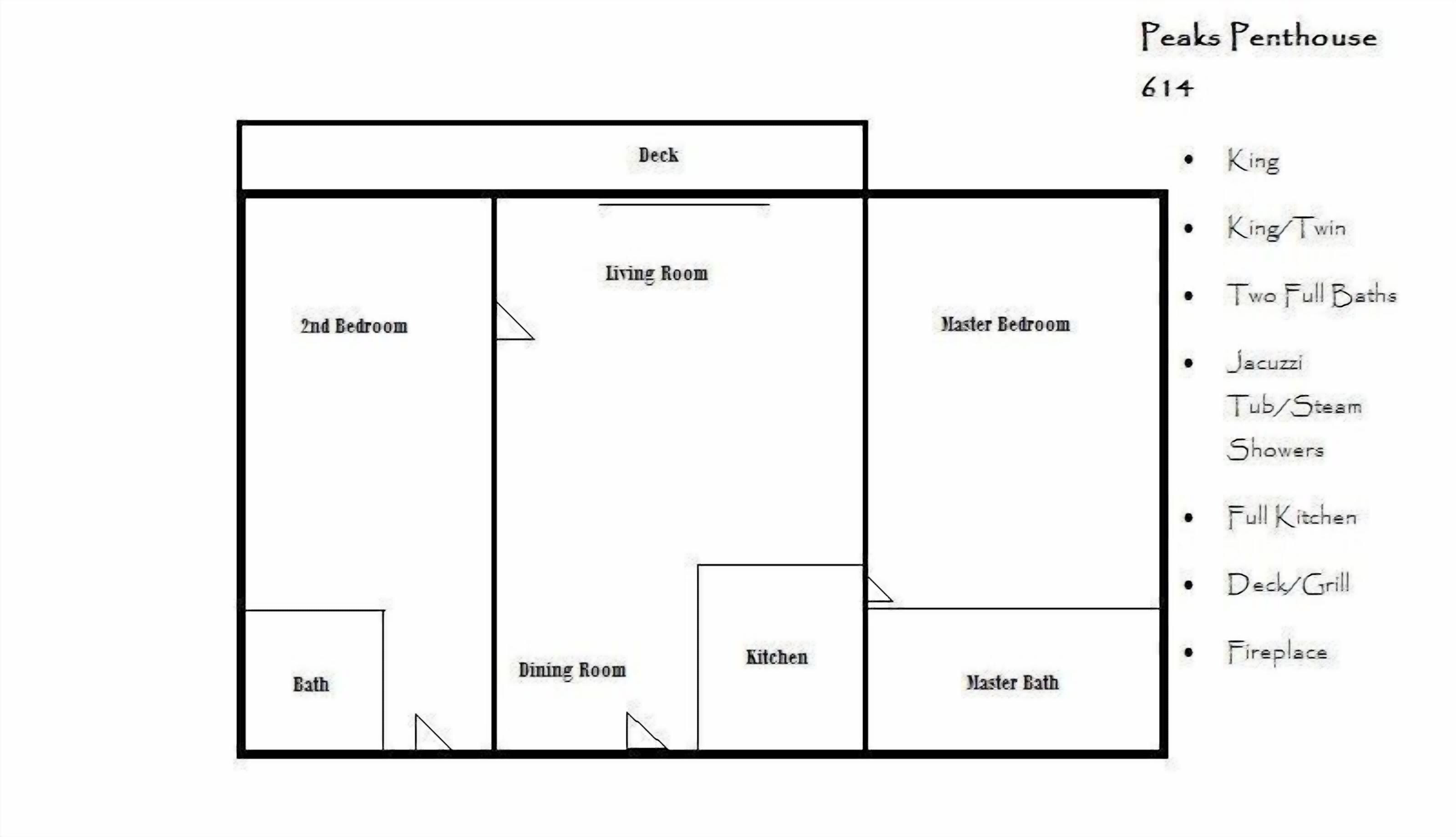 A floor plan with a deck, 2nd bedroom, living room, master bedroom, bath, dining room, kitchen, and master bath.