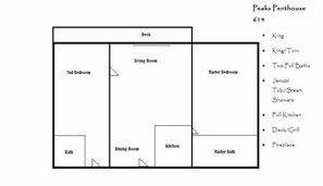 A floor plan with a deck, 2nd bedroom, living room, master bedroom, bath, dining room, kitchen, and master bath. - Penthouse At The Peaks 614 (Mountain Village)