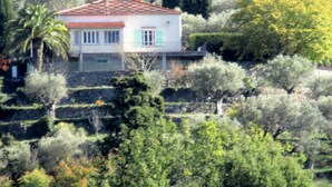 Una casa con tetto in tegole, circondata da vegetazione lussureggiante e alberi.
