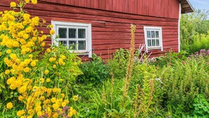 A red wooden house with two windows and a garden with yellow flowers.