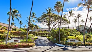A road lined with palm trees and lush greenery, leading to a building with a sign that reads "Hotel." - Ocean-View 2BR Maui Condo with Lanai, Steps from the Beach (Kihei)