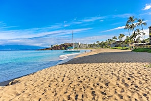 A beach with a sailboat, palm trees, and a hotel in the background.