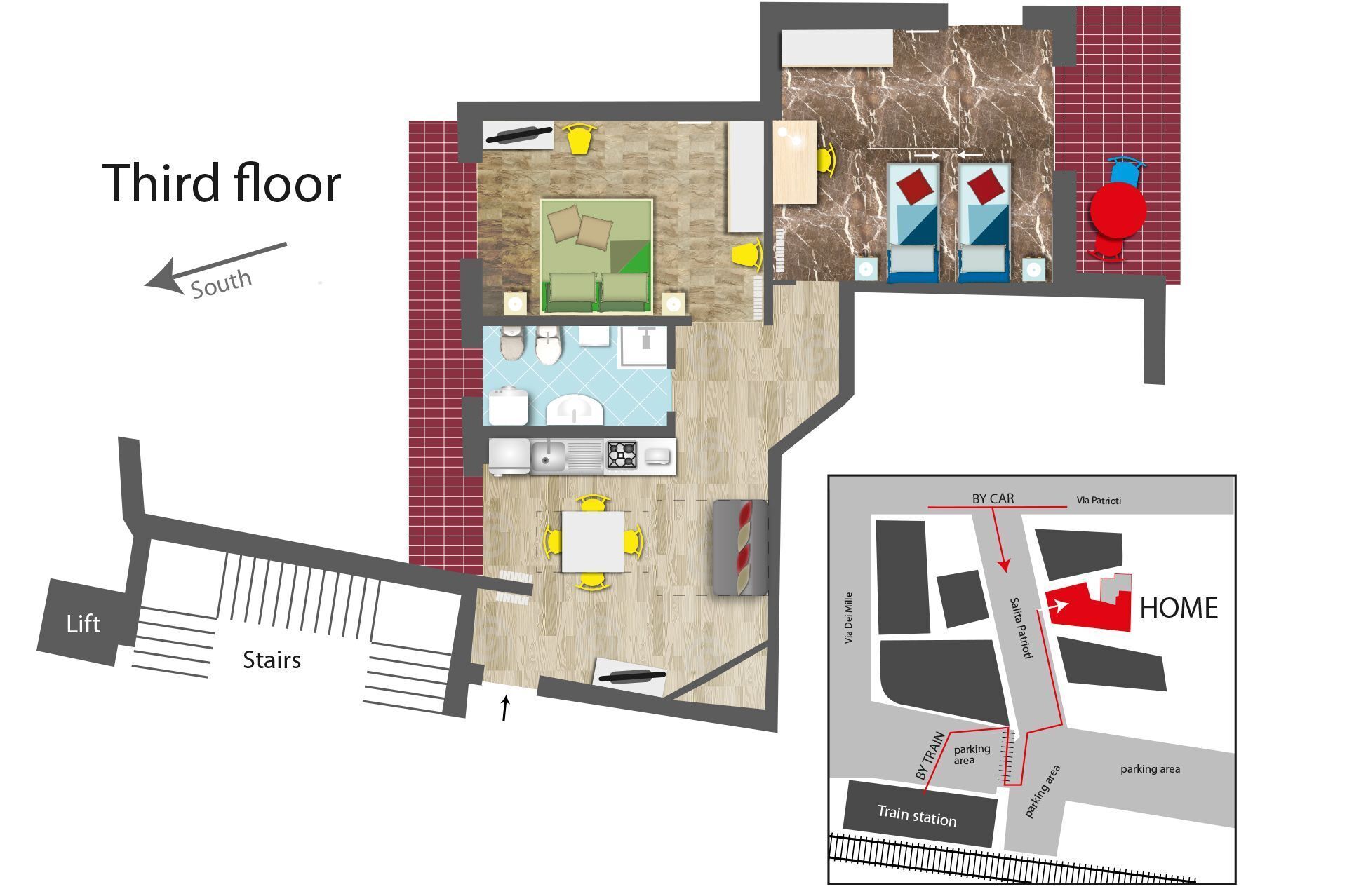 A third-floor layout with a kitchen, dining area, and a bathroom. There is a lift and stairs leading to it.