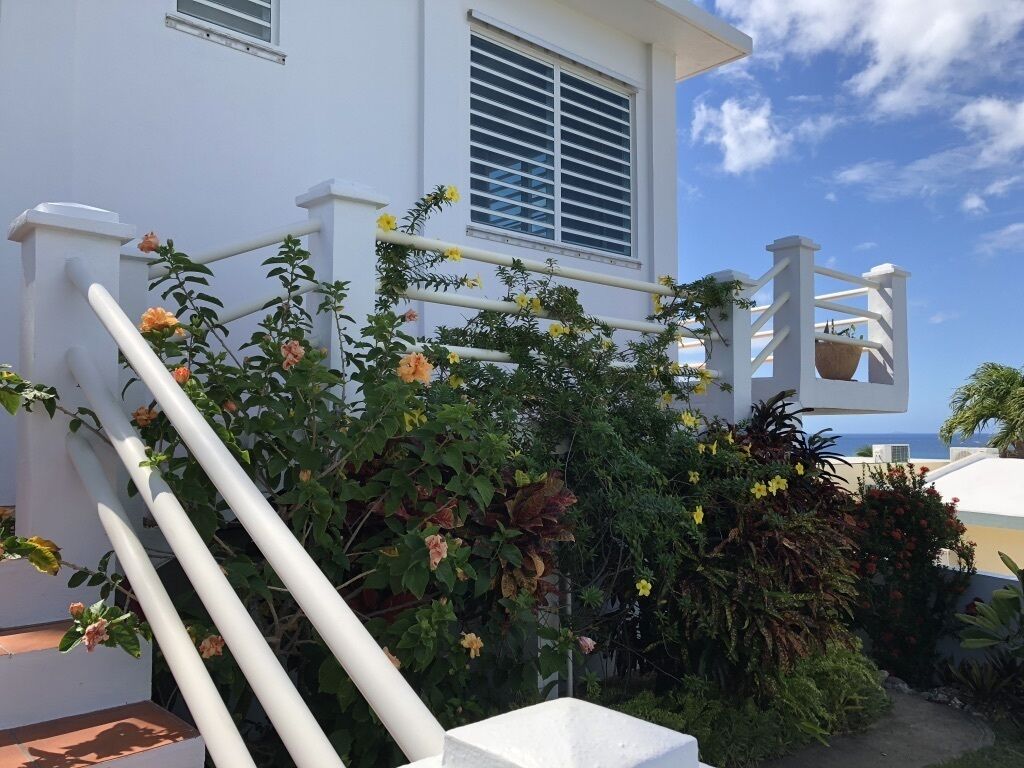 En hvid bygning med trappe, vindue med skodder og en balkon med blomsterkasse.