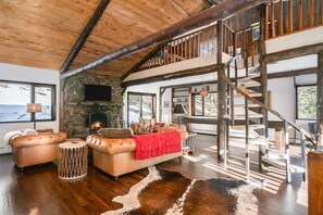 Una Smart TV, una chimenea, libros