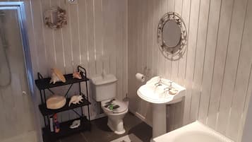 Bathtub, hair dryer, towels, toilet paper