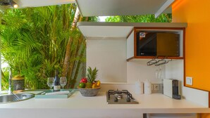 A kitchen with a gas stove, sink, and a bowl of fruit. - Lodge Freedom      . (La Grande Saline)