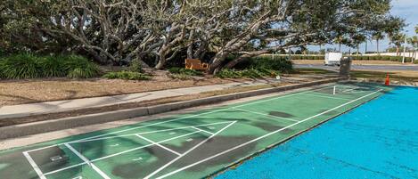 A shuffleboard court adjacent to a pool with a tree-lined background.