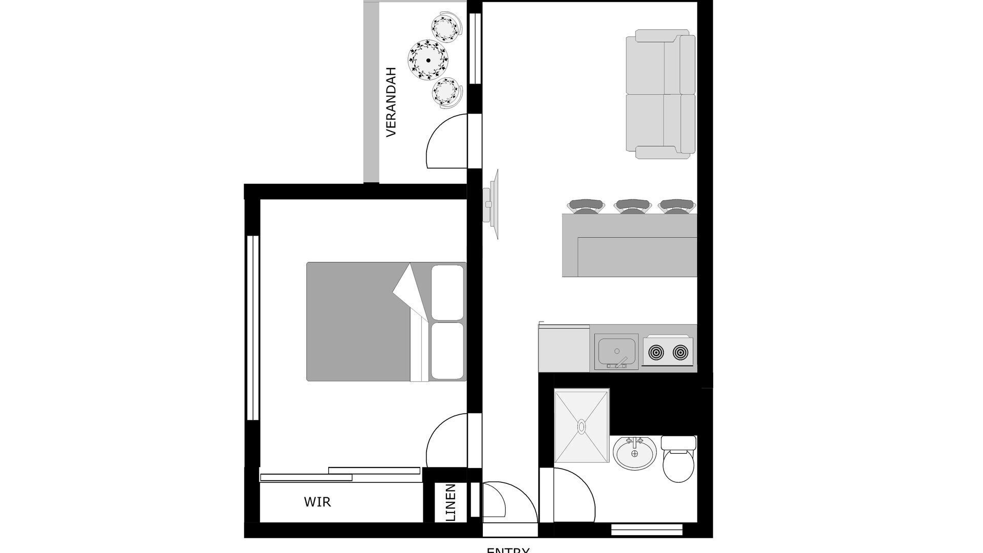 A floor plan with a kitchen, dining area, and a living room.