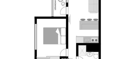 A floor plan with a kitchen, dining area, and a living room.