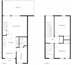 Grundriss einer zweistöckigen Wohnung mit Balkon, Wohnzimmer, Küche, Essbereich, drei Schlafzimmern und einem Badezimmer.