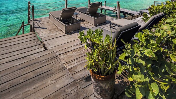 Terraza de madera con sillones de descanso y una planta en maceta, con vistas a un mar azul y un muelle.
