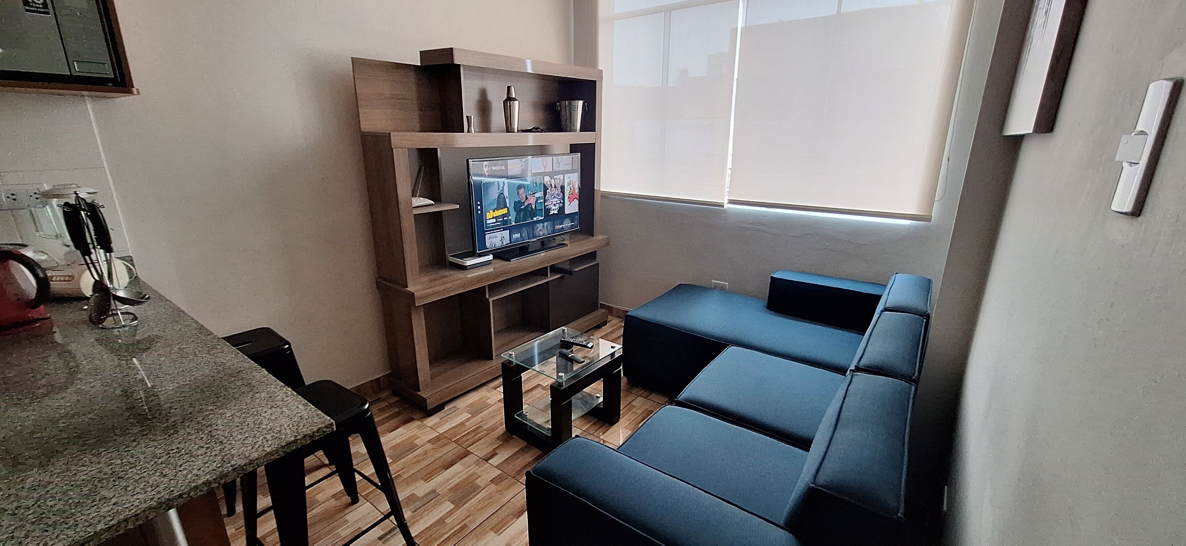 TV, DVD player, video library, stereo