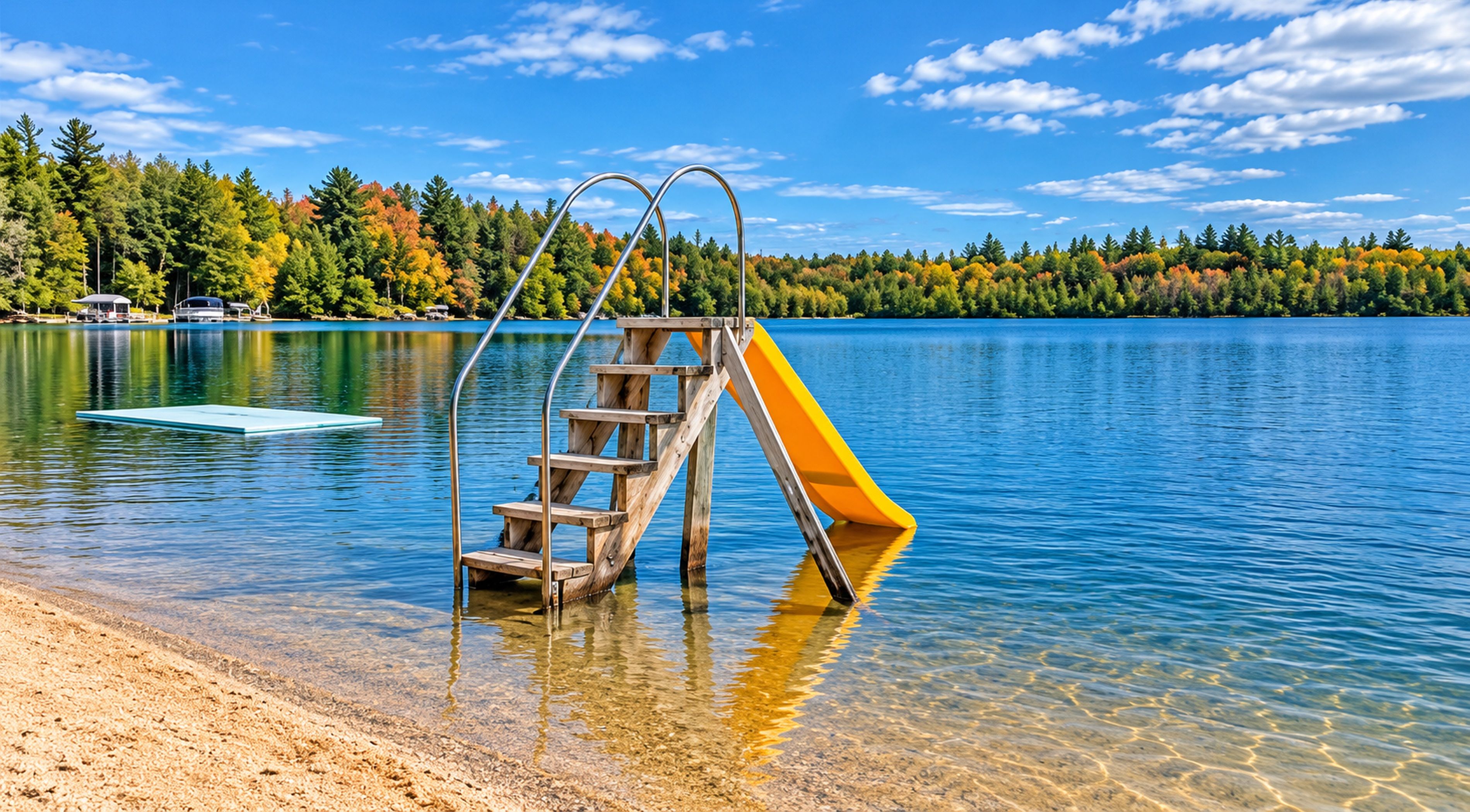 A clear lake with a wooden ladder and a yellow slide extending into the water, surrounded by trees and a clear sky.