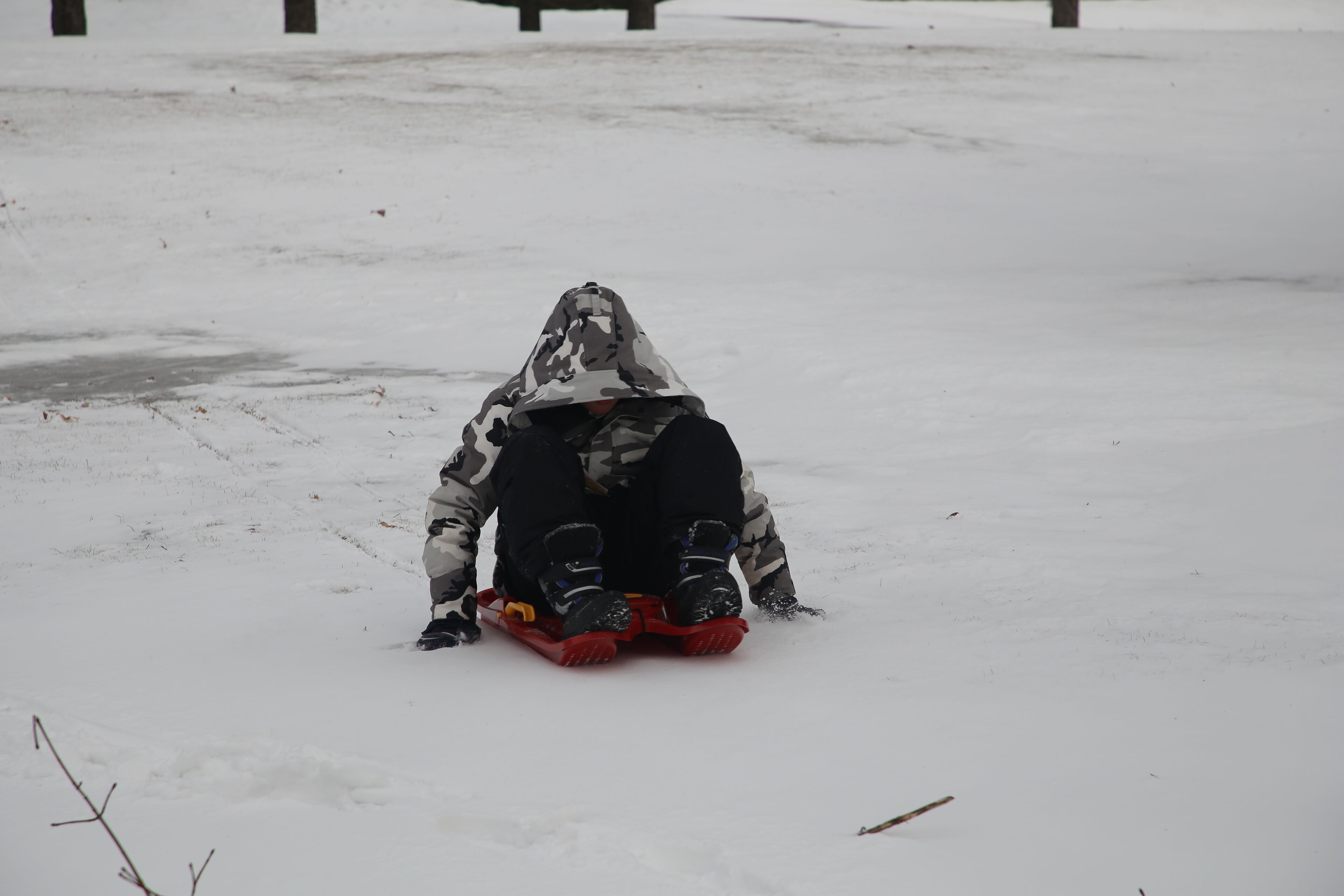 Iemand glijdt op een rode slees in een besneeuwd gebied.