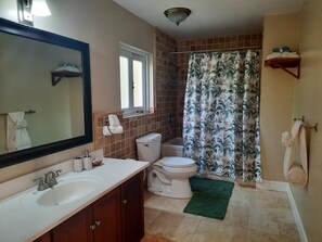 Bathtub, jetted bath, towels, soap