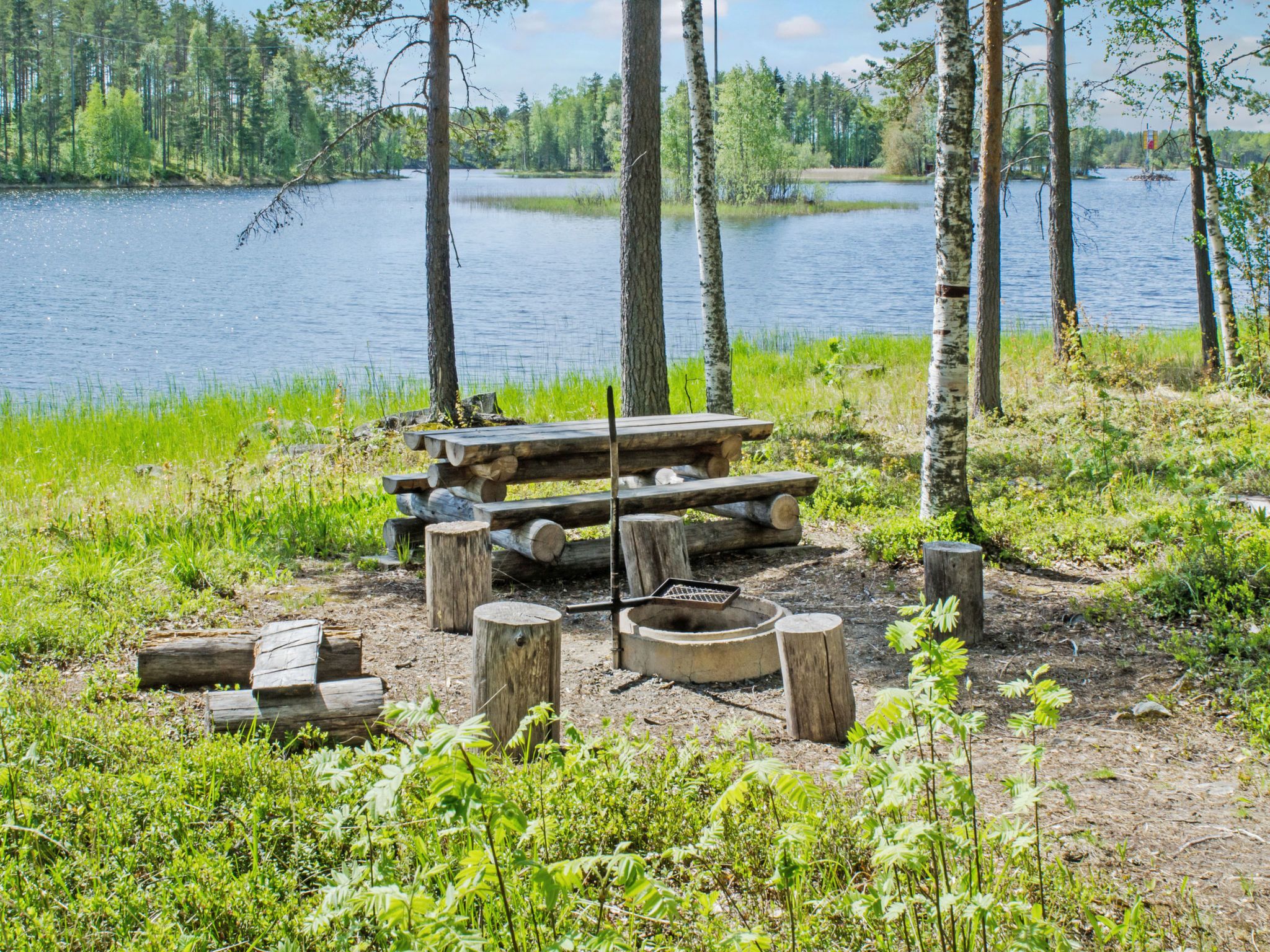 Un terrain de camping au bord du lac, équipé d’une table de pique-nique en bois et d’un foyer entouré de rondins.
