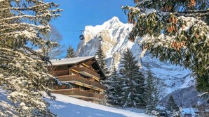 Una cabaña de madera con un telesilla al fondo, rodeada de árboles cubiertos de nieve y una montaña.