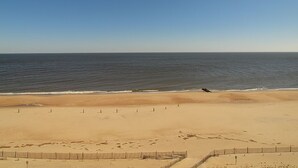 A beach with a clear sky, calm sea, and a fenced area in the foreground.